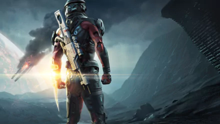A striking HD wallpaper featuring a character from Mass Effect: Andromeda, standing confidently with a weapon, against a dramatic space backdrop.