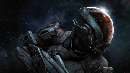 HD desktop wallpaper of a character from the video game Mass Effect: Andromeda, showcasing a futuristic armored figure with a glowing helmet and background of deep space.