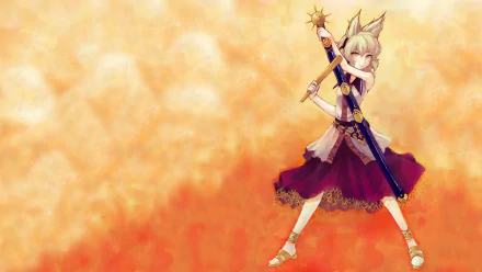 Toyosatomimi no Miko (Touhou) anime wallpaper: cheerful Miko in purple-red dress wielding star-topped staff against warm orange bokeh HD PC desktop background.
