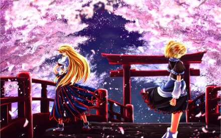 HD PC desktop wallpaper featuring anime characters Parsee Mizuhashi and Yuugi Hoshiguma from Touhou, set against a vibrant night sky and blooming cherry blossoms.
