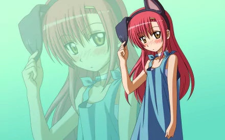 HD PC desktop wallpaper — anime (Hayate the Combat Butler): red-haired girl in a blue dress with cat-ear headband, standing with a faded reflection on a mint-green gradient background.
