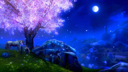 HD PC desktop wallpaper: moonlit fantasy landscape from the video game ArcheAge — glowing blossom tree on a cliff, distant mountains under a starry night, a horse grazing nearby.