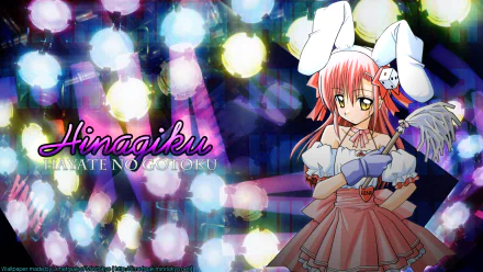 HD PC desktop wallpaper of Hinagiku from Hayate the Combat Butler — pink-clad, bunny-eared anime girl holding a feather duster before colorful bokeh lights.