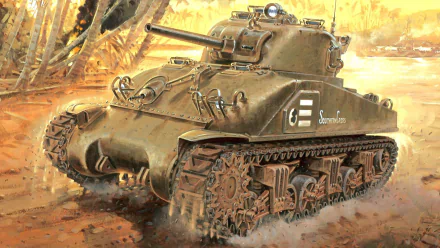 HD PC desktop wallpaper showing an M4 Sherman military tank in sunlit, dusty terrain, detailed turret and treads.