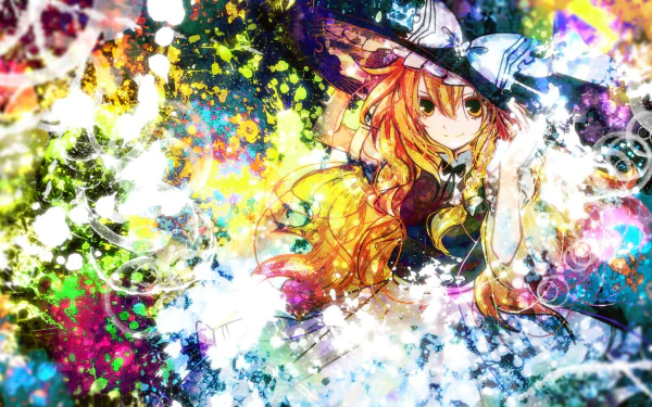 A vibrant HD wallpaper featuring Marisa Kirisame from the Touhou series, surrounded by a colorful, abstract background filled with splashes of color and light.