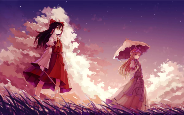 HD PC desktop wallpaper featuring anime characters Yukari Yakumo and Reimu Hakurei from the Touhou series against a vibrant sunset sky.