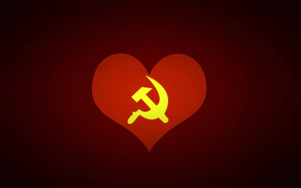 A vibrant HD desktop wallpaper featuring a stylized yellow hammer and sickle emblem inside a red heart, symbolizing communism with a bold design.