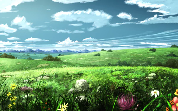 Anime landscape with lush green fields, colorful wildflowers, rolling hills, and distant mountains under a bright blue sky with white clouds. HD desktop wallpaper and background.