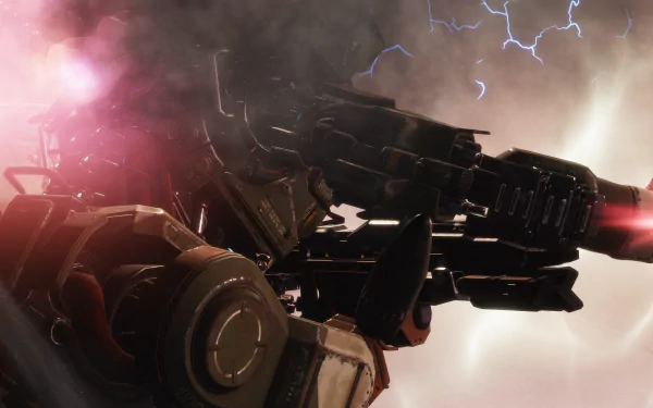 4K Ultra HD PC desktop wallpaper featuring a detailed Titanfall 2 mech firing a weapon with lightning effects in a smoky, atmospheric background.