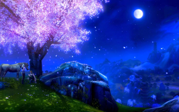 HD PC desktop wallpaper: moonlit fantasy landscape from the video game ArcheAge — glowing blossom tree on a cliff, distant mountains under a starry night, a horse grazing nearby.