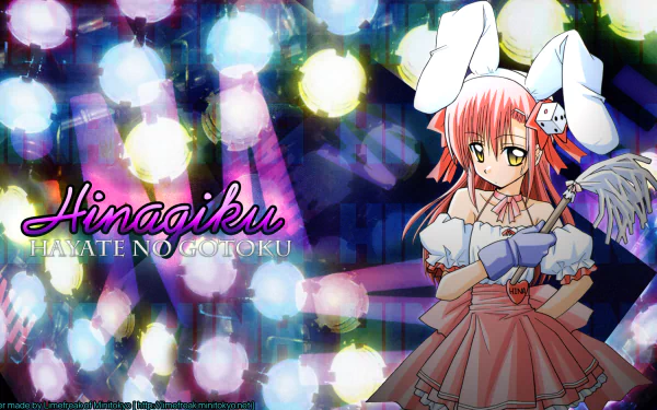 HD PC desktop wallpaper of Hinagiku from Hayate the Combat Butler — pink-clad, bunny-eared anime girl holding a feather duster before colorful bokeh lights.