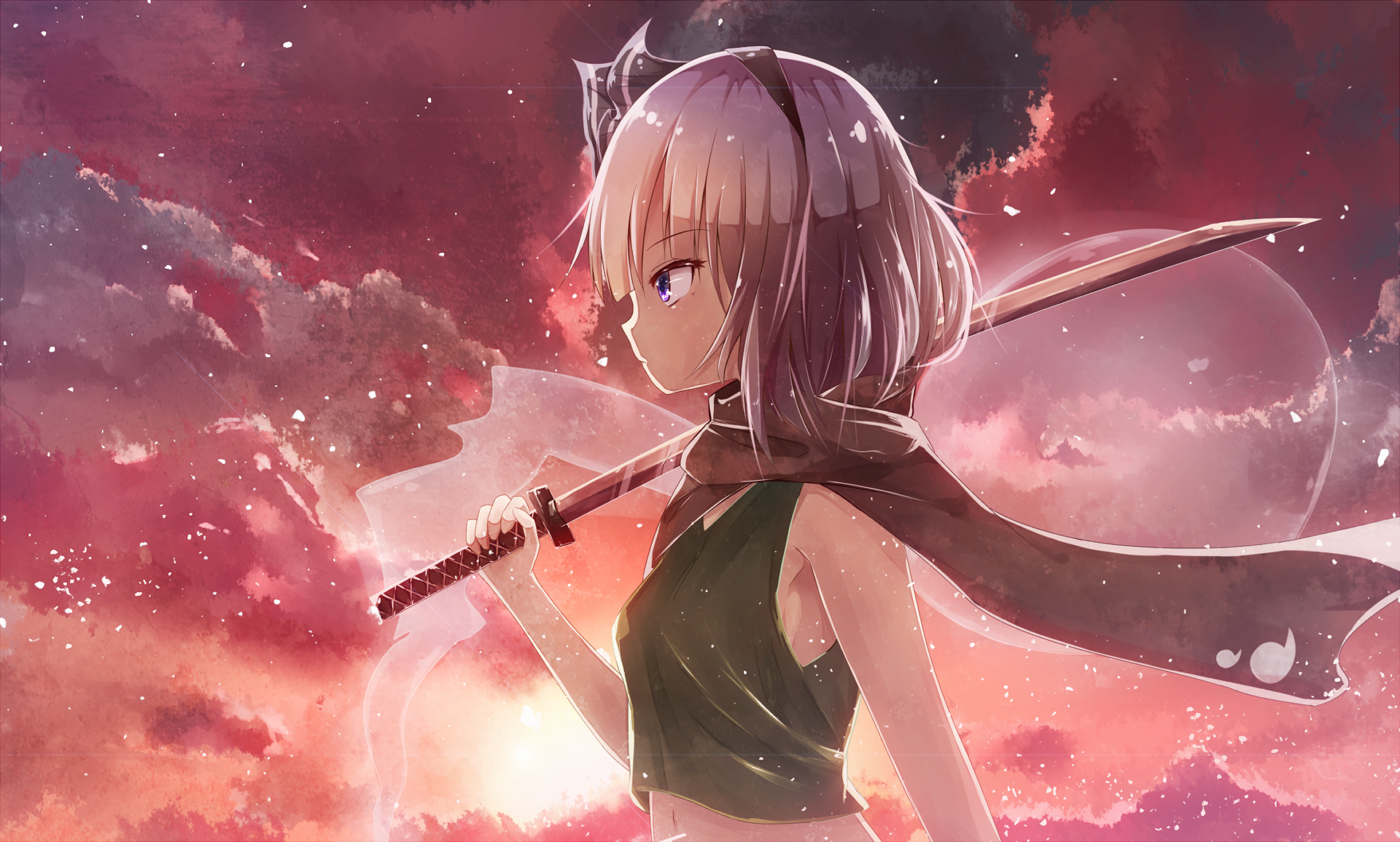 Youmu Konpaku from Touhou in anime HD PC desktop wallpaper background: side profile holding her sword against a vibrant sunset sky with pink clouds and glowing particles.