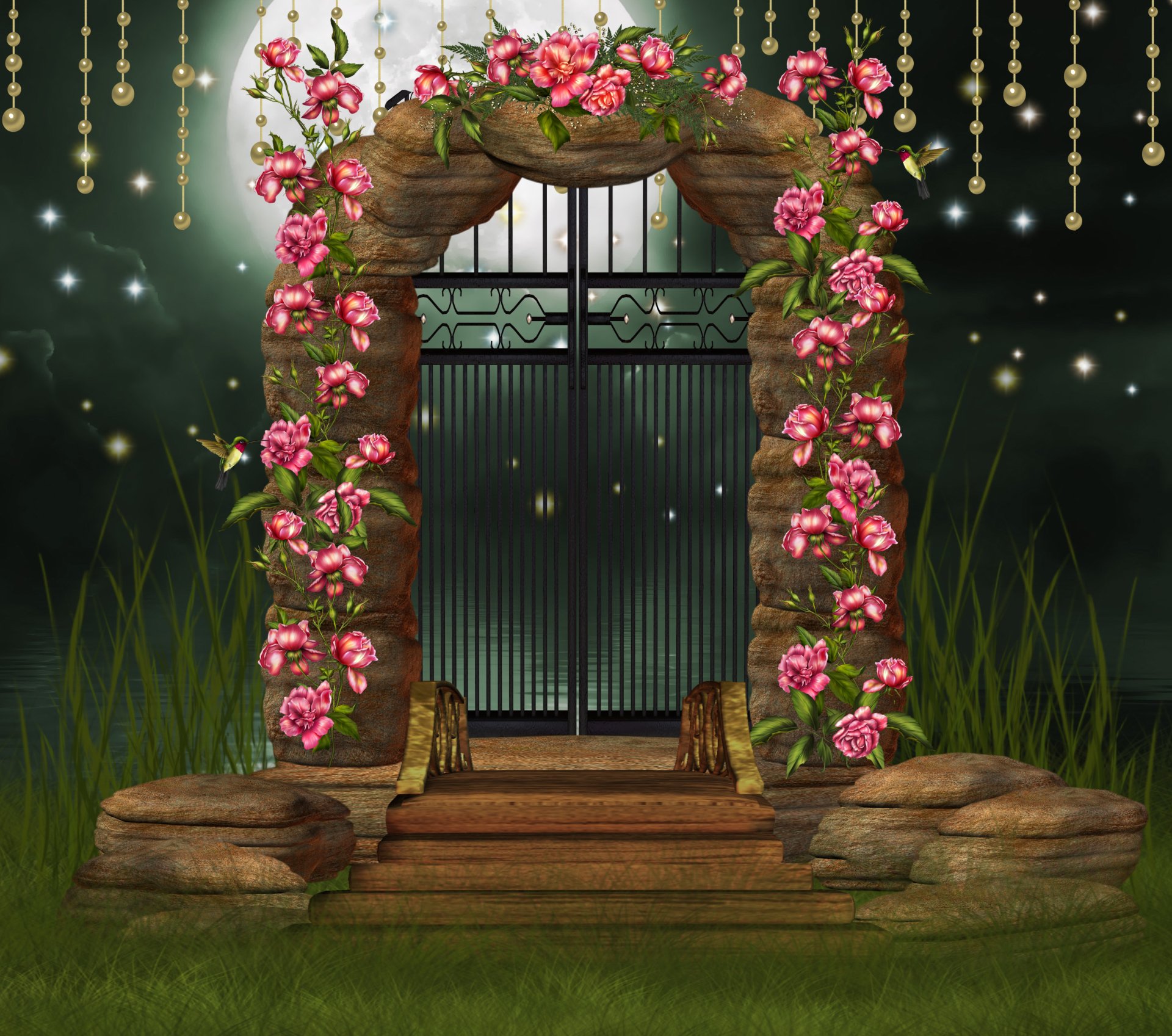 2K Quad HD desktop wallpaper: moonlit fantasy arch draped in pink flowers and sparkles, hummingbird near an ornate closed door.