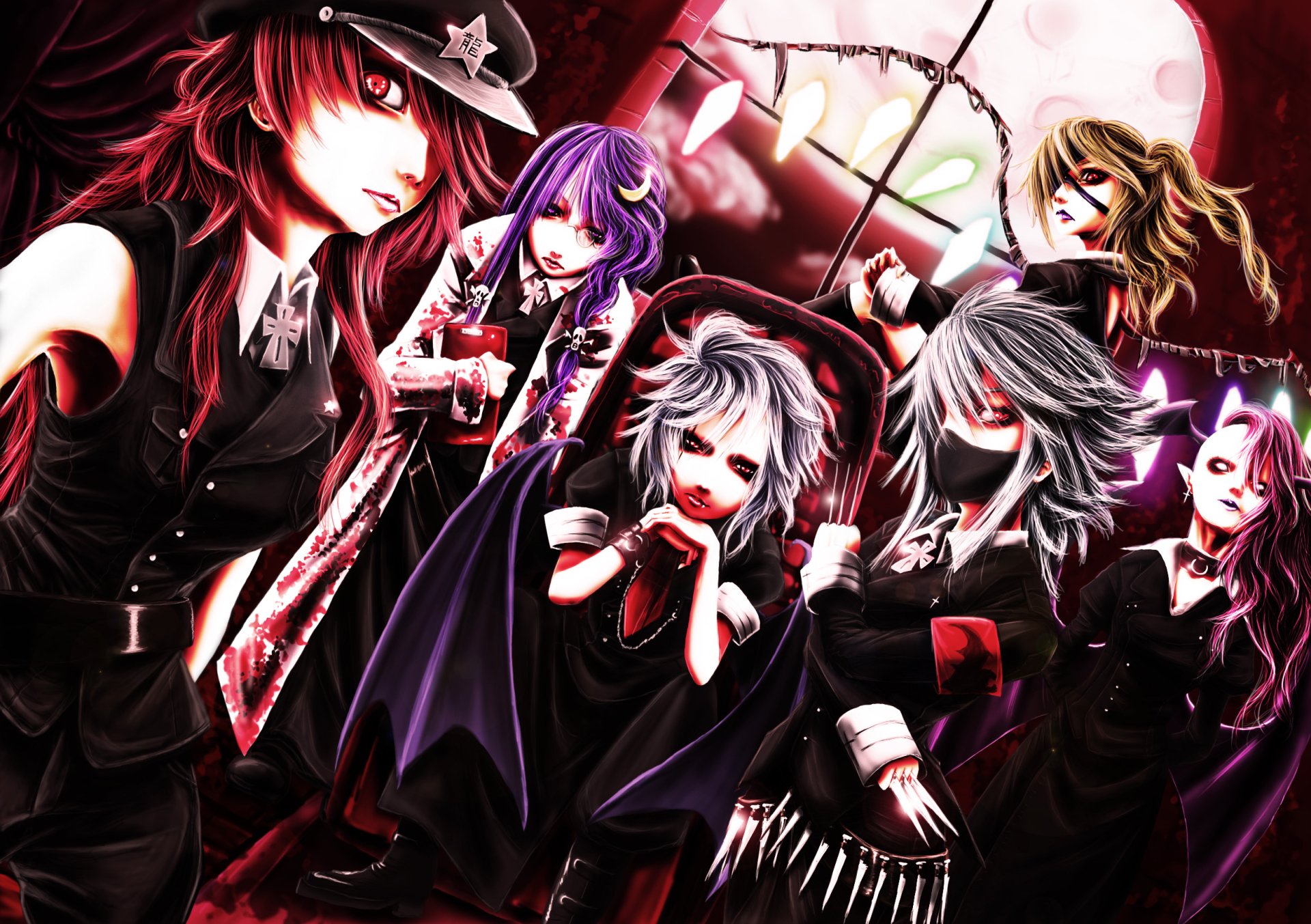 HD anime desktop wallpaper featuring Sakuya Izayoi, Remilia Scarlet, Flandre Scarlet, Koakuma, Patchouli Knowledge, and Hong Meiling from Touhou in a dark, dramatic setting.