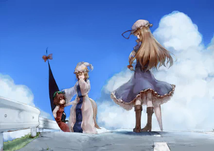 HD PC desktop wallpaper featuring Chen, Yukari Yakumo, and Ran Yakumo from the anime Touhou, standing on a rooftop under a bright blue sky with fluffy clouds.