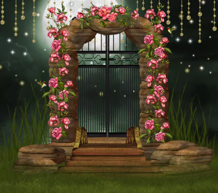 2K Quad HD desktop wallpaper: moonlit fantasy arch draped in pink flowers and sparkles, hummingbird near an ornate closed door.