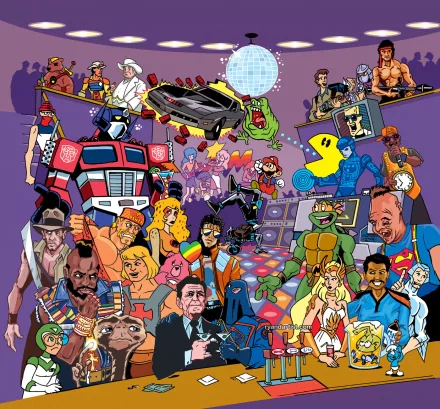 HD PC desktop wallpaper featuring a vibrant collage of iconic characters from various cartoons, movies, and video games in a colorful, nostalgic style.