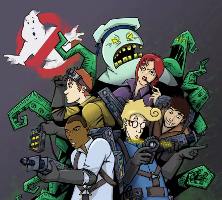 Comic-style Ghostbusters team fires proton packs at a tentacled green ghost beneath the glowing logo — HD PC Desktop Wallpaper and Background.