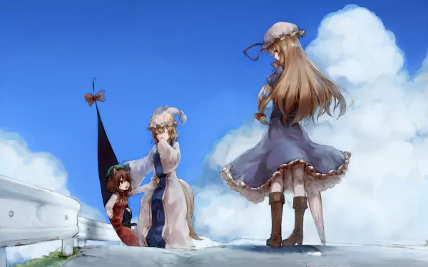 HD PC desktop wallpaper featuring Chen, Yukari Yakumo, and Ran Yakumo from the anime Touhou, standing on a rooftop under a bright blue sky with fluffy clouds.