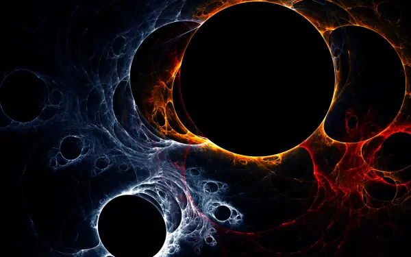 Abstract HD desktop wallpaper featuring vivid, swirling colors creating a cosmic-style pattern with dark circular spaces, evoking a sense of mystery and depth.