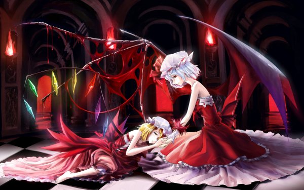 Anime Touhou Flandre Scarlet Remilia Scarlet Lying Down Wings Blonde Red Eyes Dress Red Dress Hat Blue Hair Barefoot HD Wallpaper | Background Image