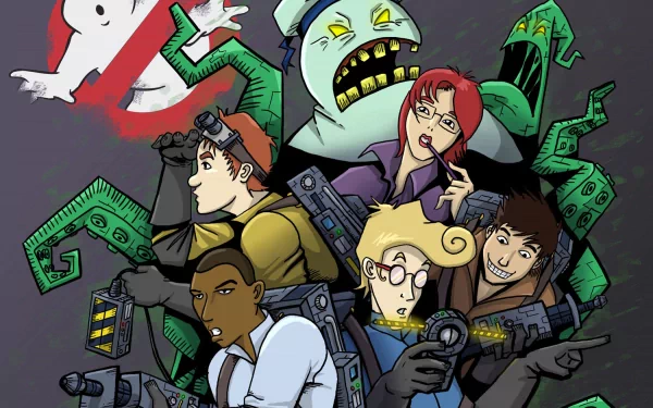 Comic-style Ghostbusters team fires proton packs at a tentacled green ghost beneath the glowing logo — HD PC Desktop Wallpaper and Background.