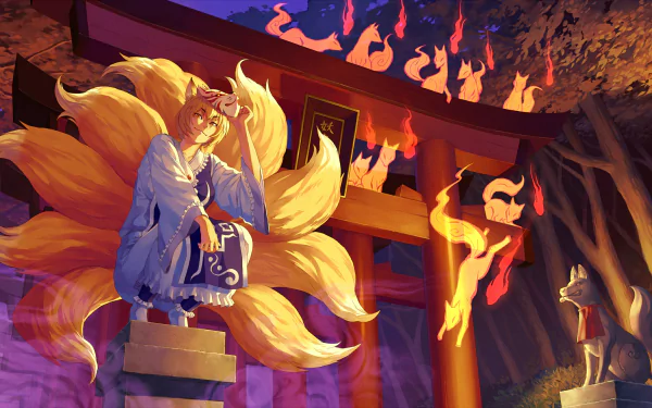 Ran Yakumo from Touhou — anime 2K Quad HD PC desktop background showing a nine‑tailed fox spirit seated by a torii, golden tails and foxfire illuminating a night forest shrine.