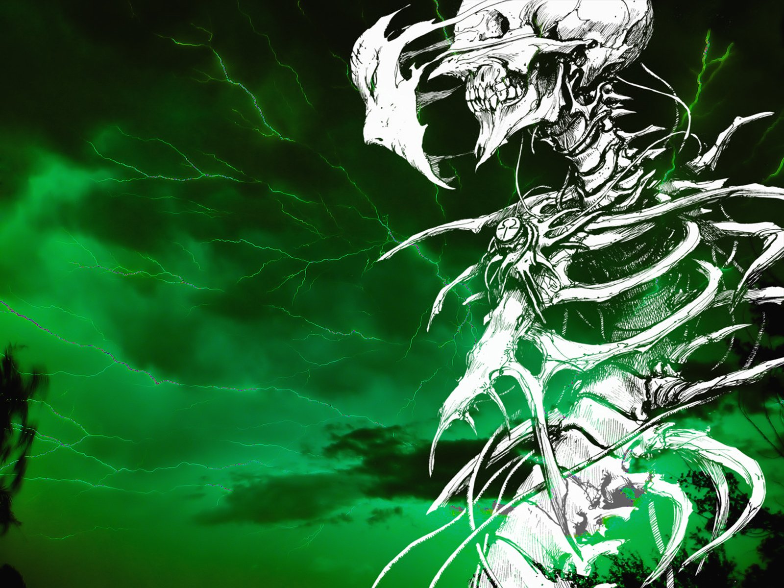HD desktop wallpaper featuring a dark, eerie anime aesthetic from Biomega with a prominent white skull figure against a stormy green background.