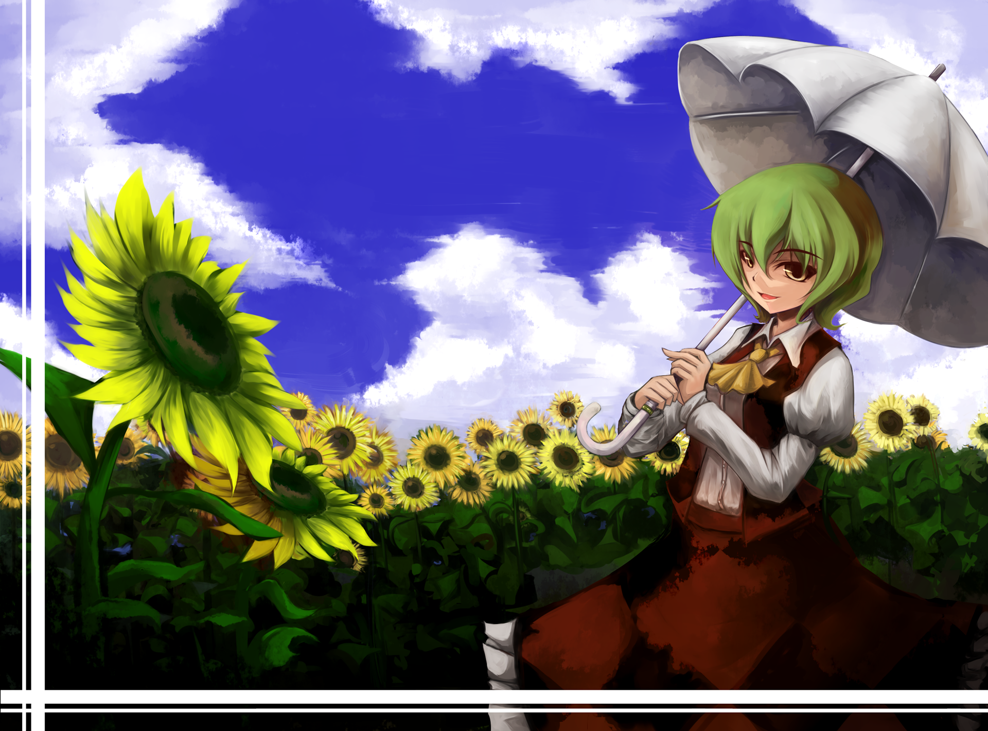 HD PC desktop wallpaper featuring Yuuka Kazami from Touhou standing in a sunflower field under a bright blue sky with white clouds, holding a parasol.