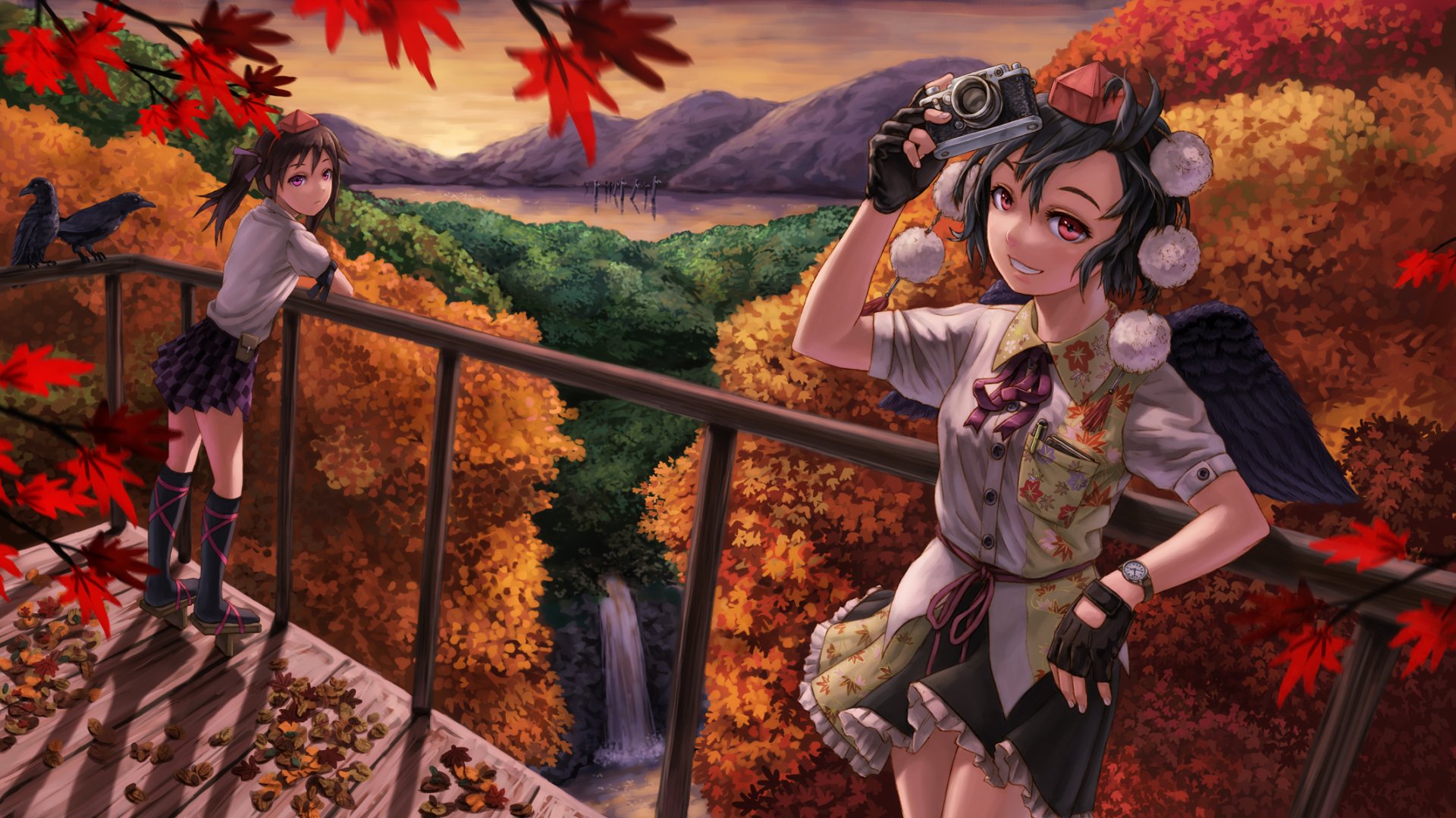 HD anime desktop wallpaper featuring Aya Shameimaru and Hatate Himekaidou from Touhou, set against a vibrant autumn landscape with red maple leaves and a waterfall.