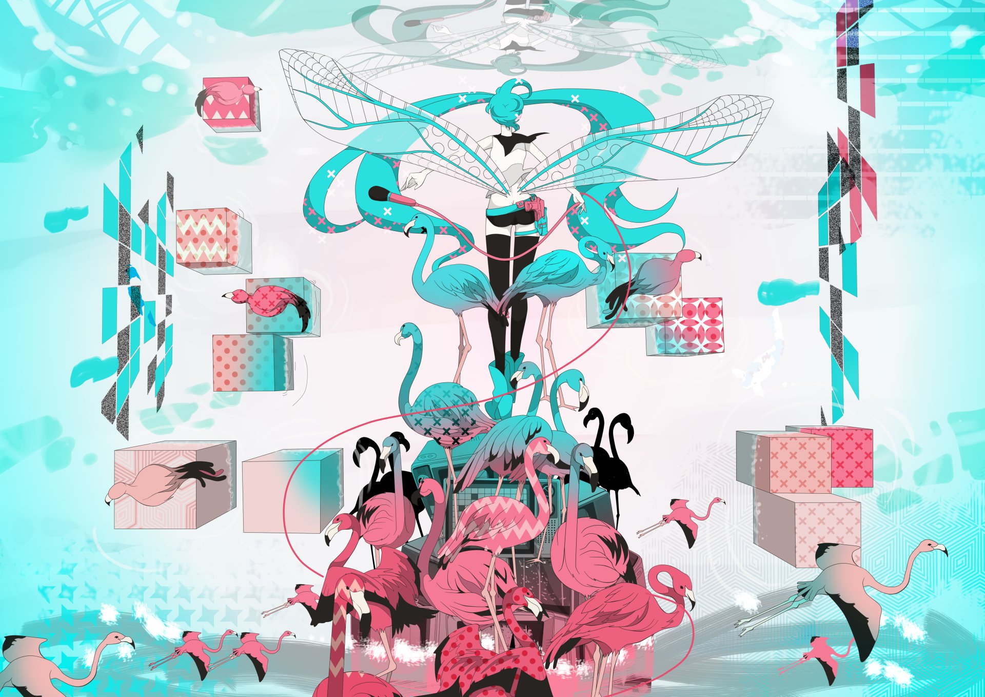 A 4K Ultra HD PC desktop wallpaper featuring Hatsune Miku in vibrant anime style, surrounded by abstract geometric shapes and flamingos, representing the Vocaloid world.