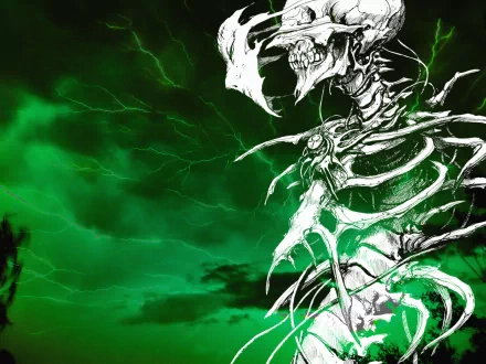 HD desktop wallpaper featuring a dark, eerie anime aesthetic from Biomega with a prominent white skull figure against a stormy green background.