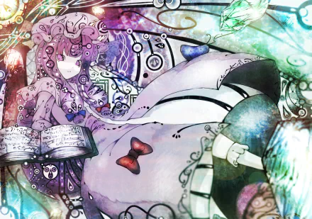 HD PC desktop wallpaper of Patchouli Knowledge (Touhou) — anime-style portrait of a purple-haired sorceress in a frilled dress, holding an open spellbook amid swirling colorful magical sigils