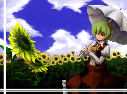 HD PC desktop wallpaper featuring Yuuka Kazami from Touhou standing in a sunflower field under a bright blue sky with white clouds, holding a parasol.