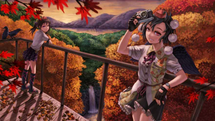 HD anime desktop wallpaper featuring Aya Shameimaru and Hatate Himekaidou from Touhou, set against a vibrant autumn landscape with red maple leaves and a waterfall.
