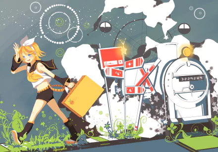 Rin Kagamine (Vocaloid) anime HD PC desktop wallpaper: energetic Rin with a suitcase walking past whimsical road signs and a mailbox against a stylized world-map background.