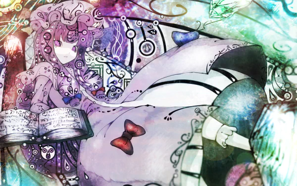 HD PC desktop wallpaper of Patchouli Knowledge (Touhou) — anime-style portrait of a purple-haired sorceress in a frilled dress, holding an open spellbook amid swirling colorful magical sigils