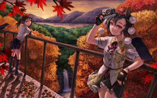 HD anime desktop wallpaper featuring Aya Shameimaru and Hatate Himekaidou from Touhou, set against a vibrant autumn landscape with red maple leaves and a waterfall.