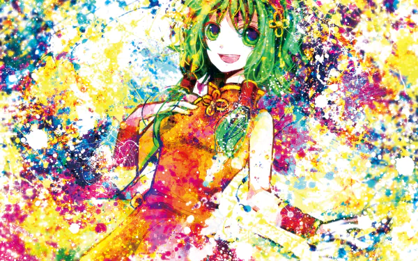 Vibrant HD PC desktop wallpaper featuring GUMI from Vocaloid in an anime style, surrounded by colorful splashes and dynamic paint effects.