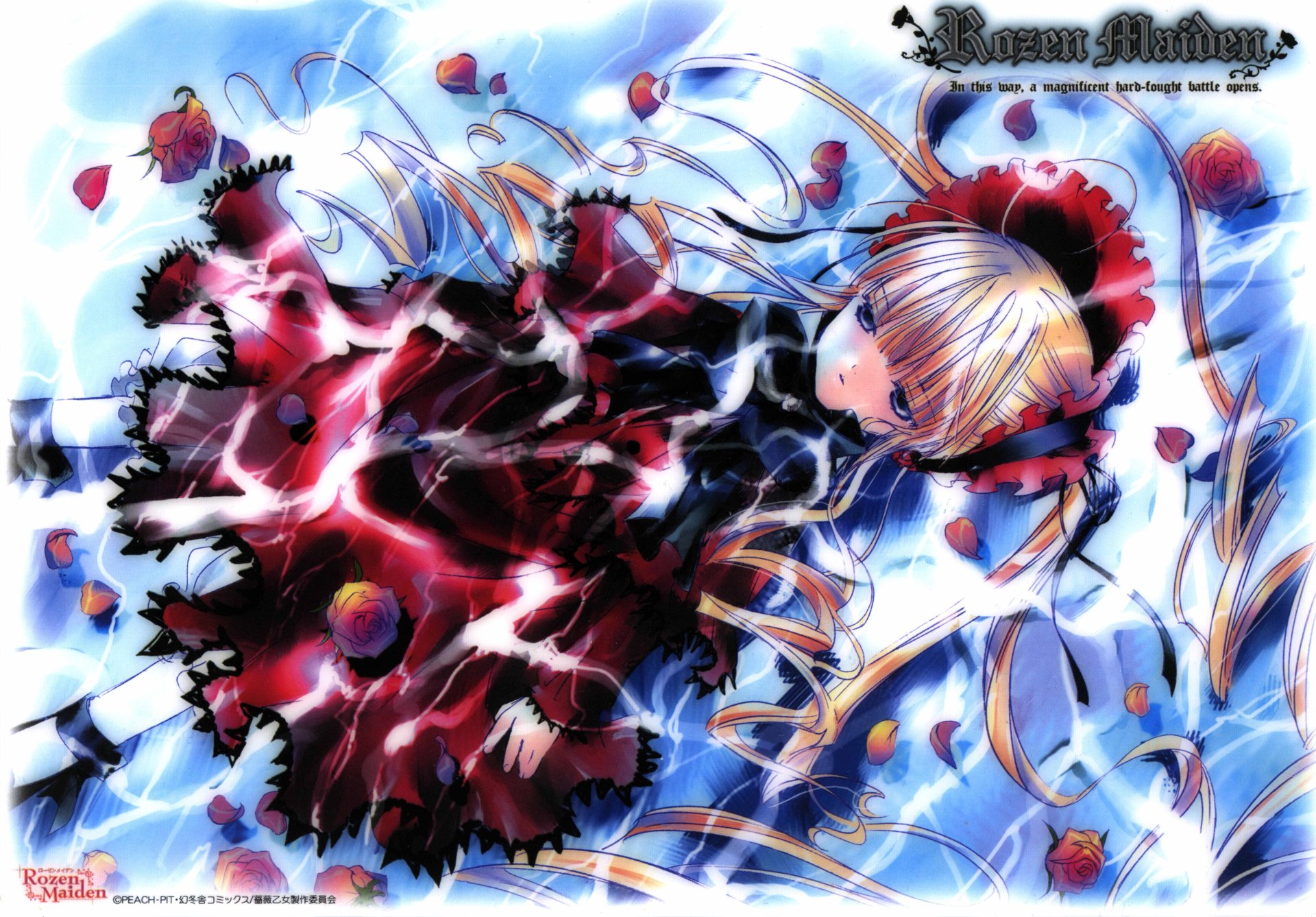 4K Ultra HD anime desktop wallpaper featuring Shinku from Rozen Maiden, showcasing her detailed red dress and blonde hair against a bright, dynamic background.