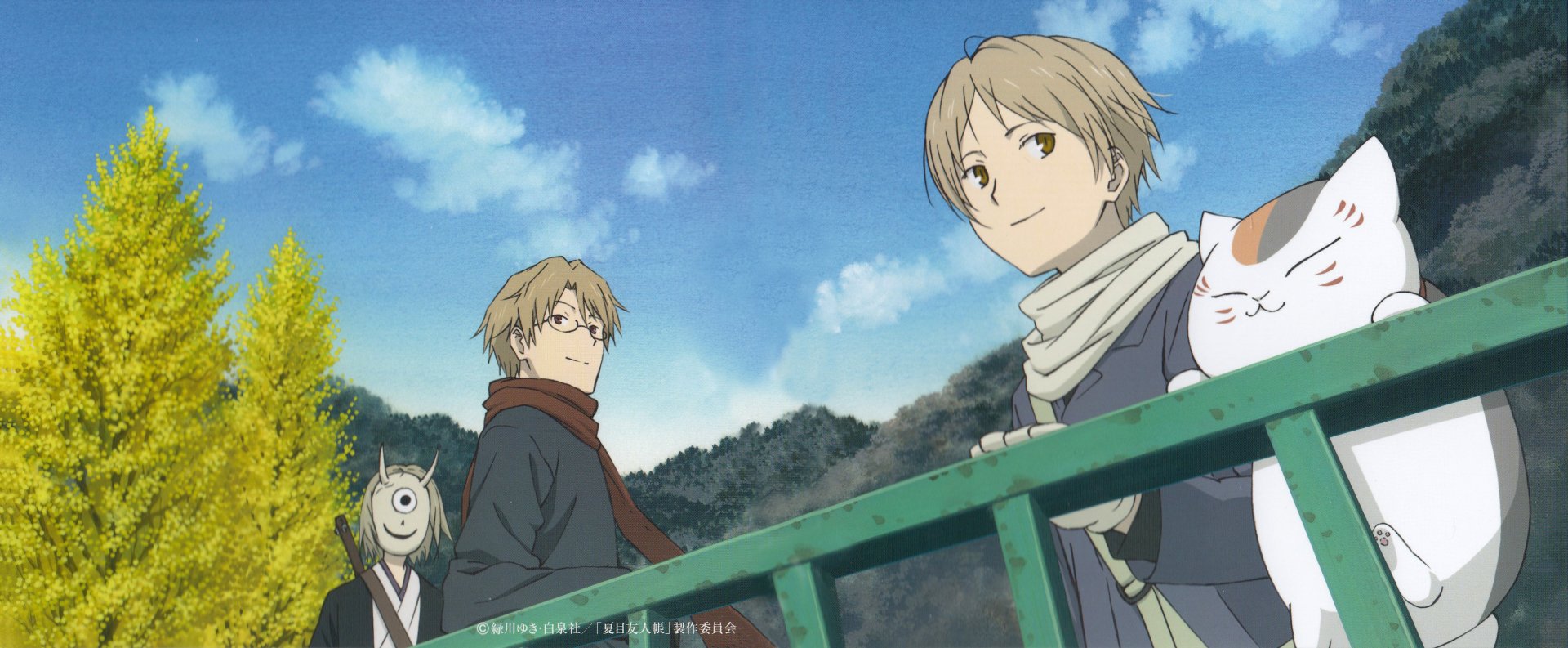 A scenic HD wallpaper from Natsume Yuujinchou, featuring Natsume and friends, including a spirit and a cat, set against a vibrant landscape and blue skies.