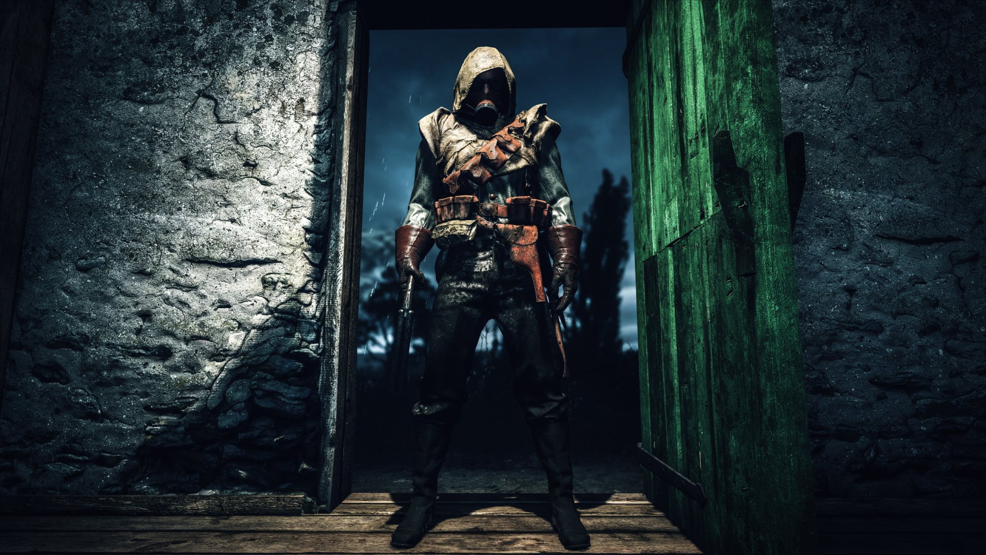 A mysterious soldier stands in a doorway, shrouded in shadow, embodying the intense atmosphere of Battlefield 1. This HD wallpaper captures the game's distinctive aesthetic.