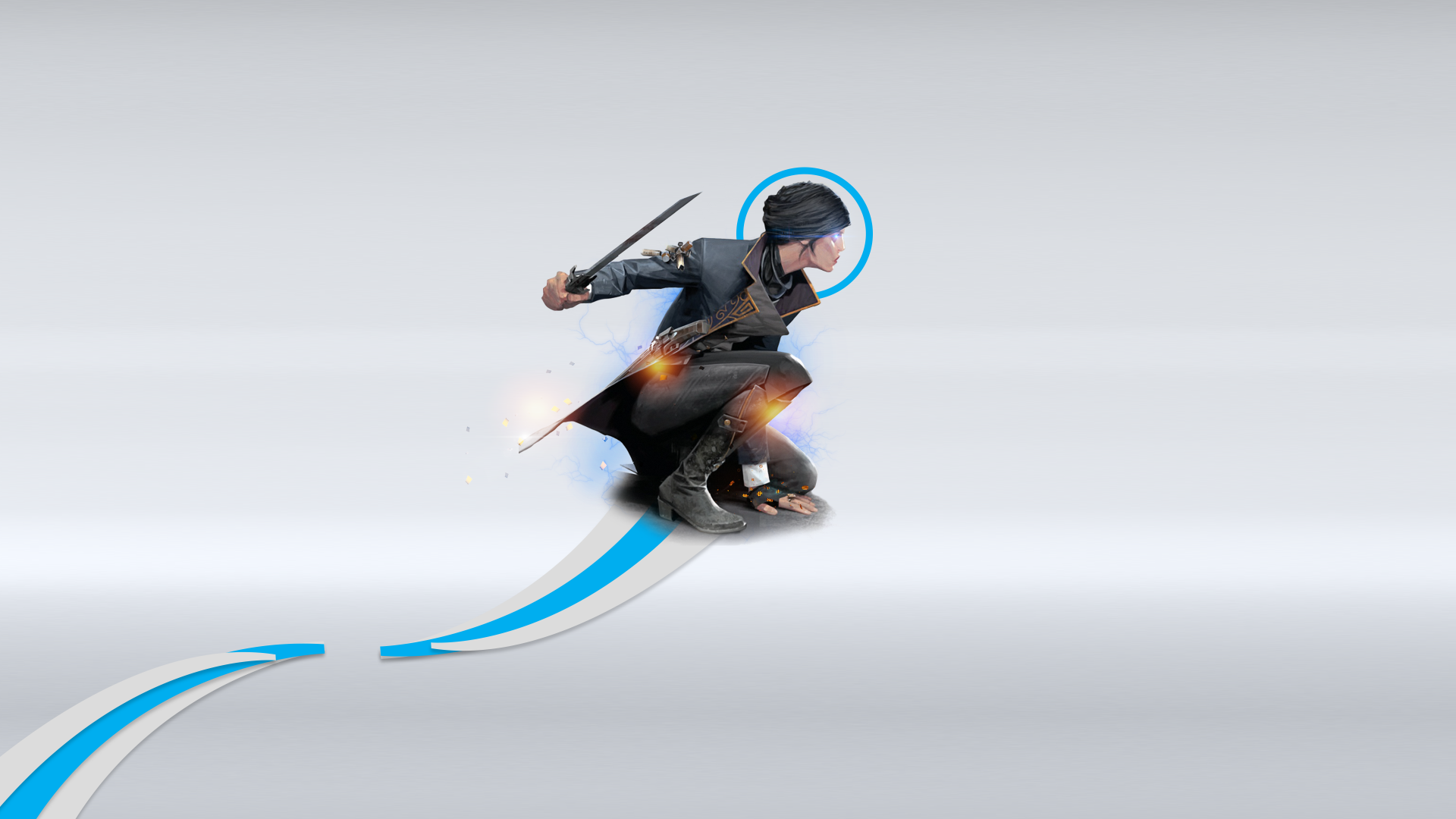 4K Ultra HD PC desktop wallpaper featuring a dynamic pose of a character from the video game Dishonored 2, blending sleek design with action elements.