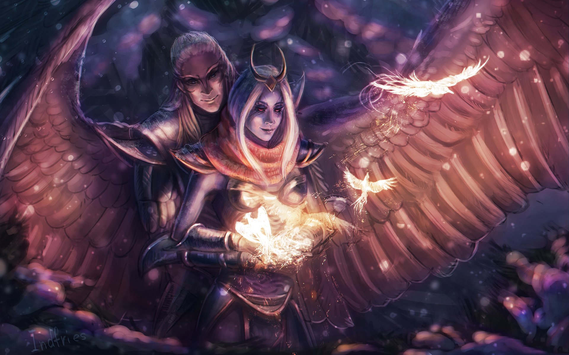 HD PC desktop wallpaper featuring Vengeful Spirit, a character from the video game DotA 2, with glowing wings and ethereal light effects in a dark, mystical setting.