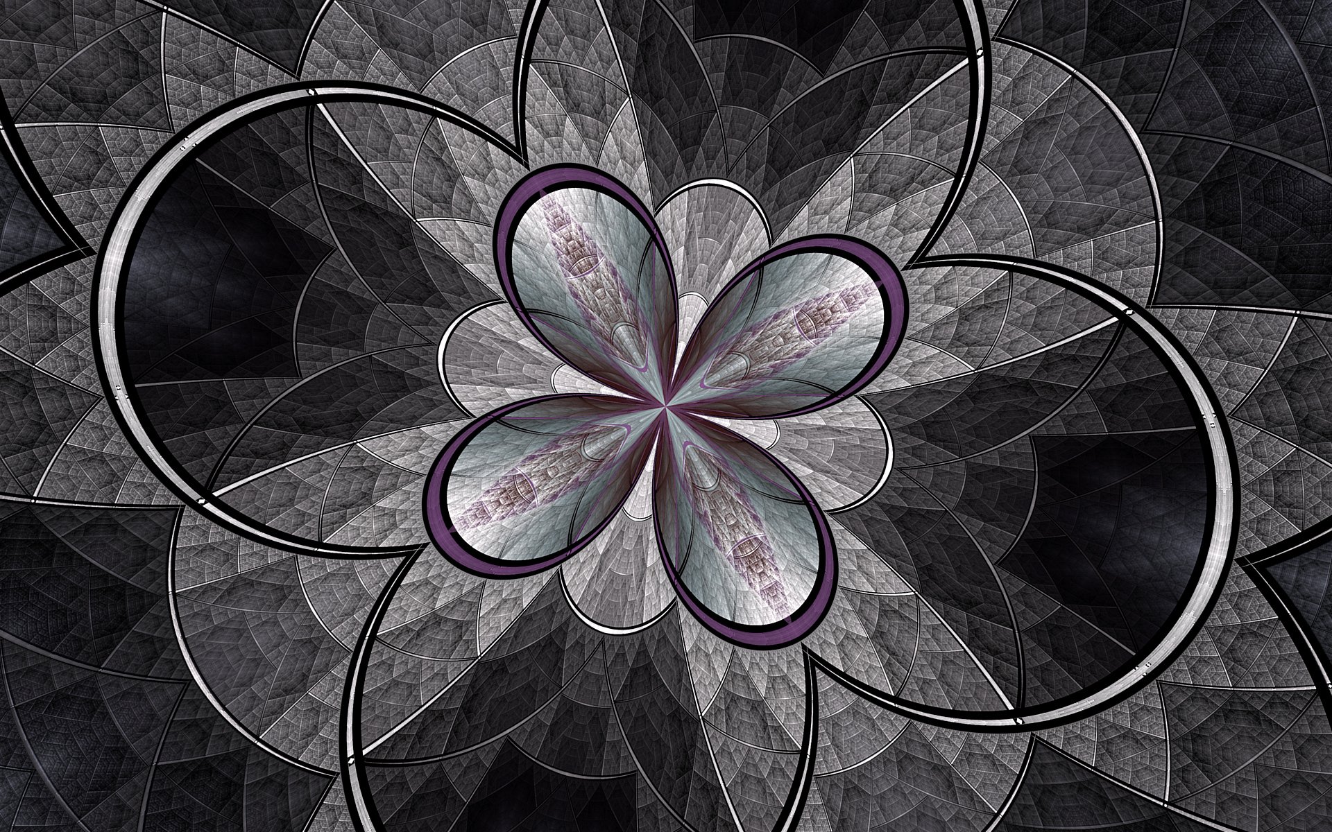 HD PC desktop wallpaper featuring a gray abstract fractal design with intricate, layered petal shapes creating a complex, symmetrical pattern.