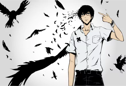 Anime-inspired HD desktop wallpaper featuring a character from Zankyou No Terror, set against a dynamic backdrop of flying black birds and an intriguing monochrome aesthetic.