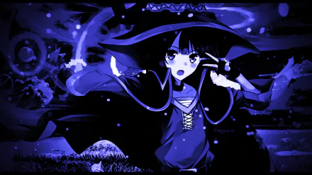 HD anime desktop wallpaper featuring a character from KonoSuba - God’s blessing on this wonderful world!! in a dynamic pose with a magical, vibrant blue background.