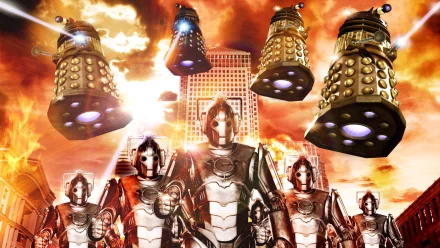 HD desktop wallpaper of Cybermen and Daleks from the TV show Doctor Who (2005), featuring Cybermen in the foreground and Daleks hovering above a cityscape with a fiery sky.