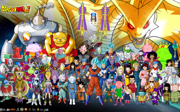 HD desktop wallpaper of Dragon Ball Super featuring a vibrant and detailed collage of characters from the anime series, set against a background with Shenron, the dragon, towering majestically.