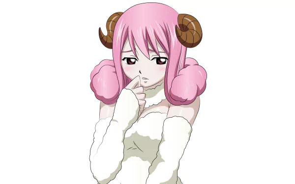 Anime character from Fairy Tail with pink hair styled in large curls, wearing white outfit and ram-like horns, featured in an 8K Ultra HD PC desktop wallpaper.